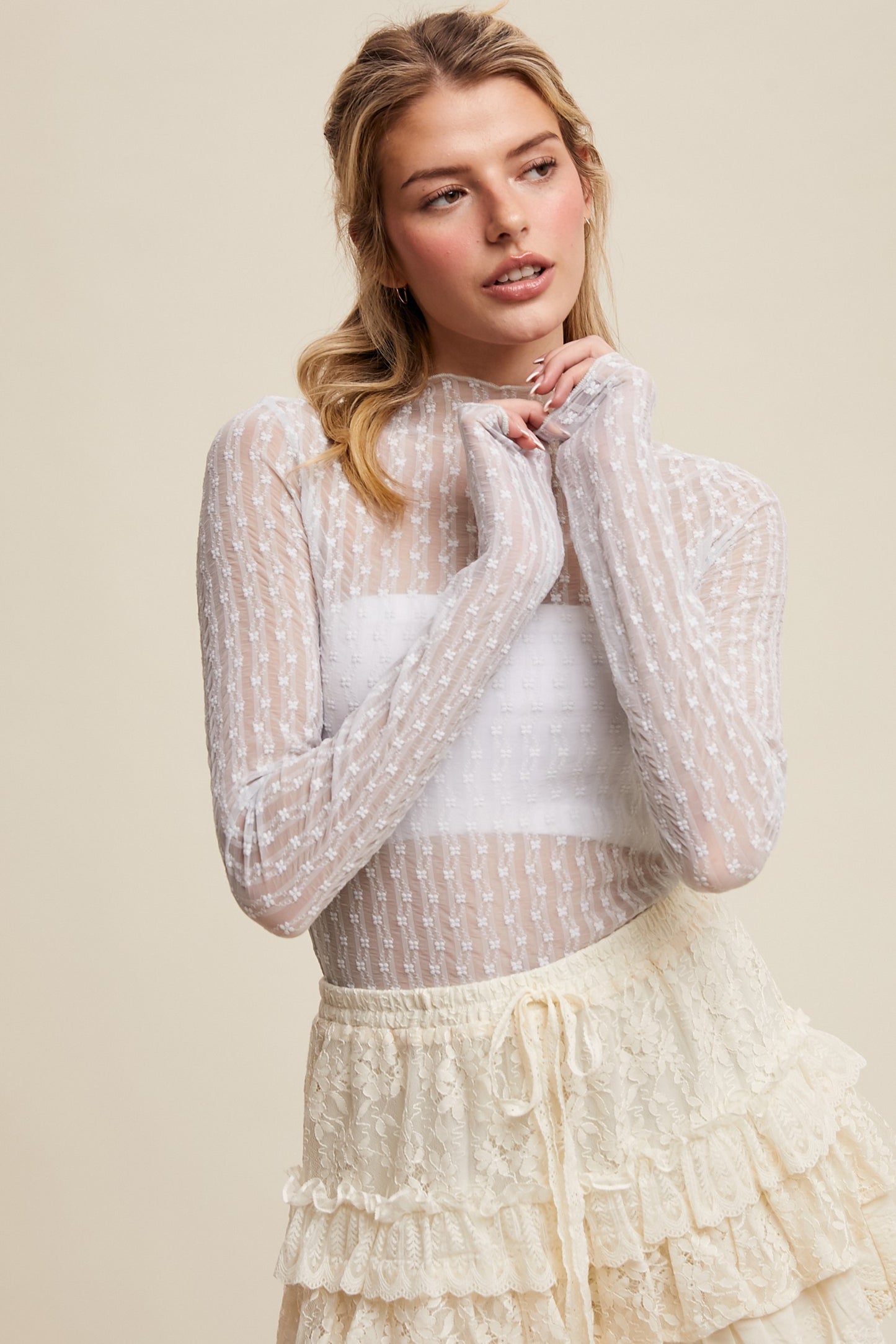 Sheer Textured Lace Long-sleeve Top