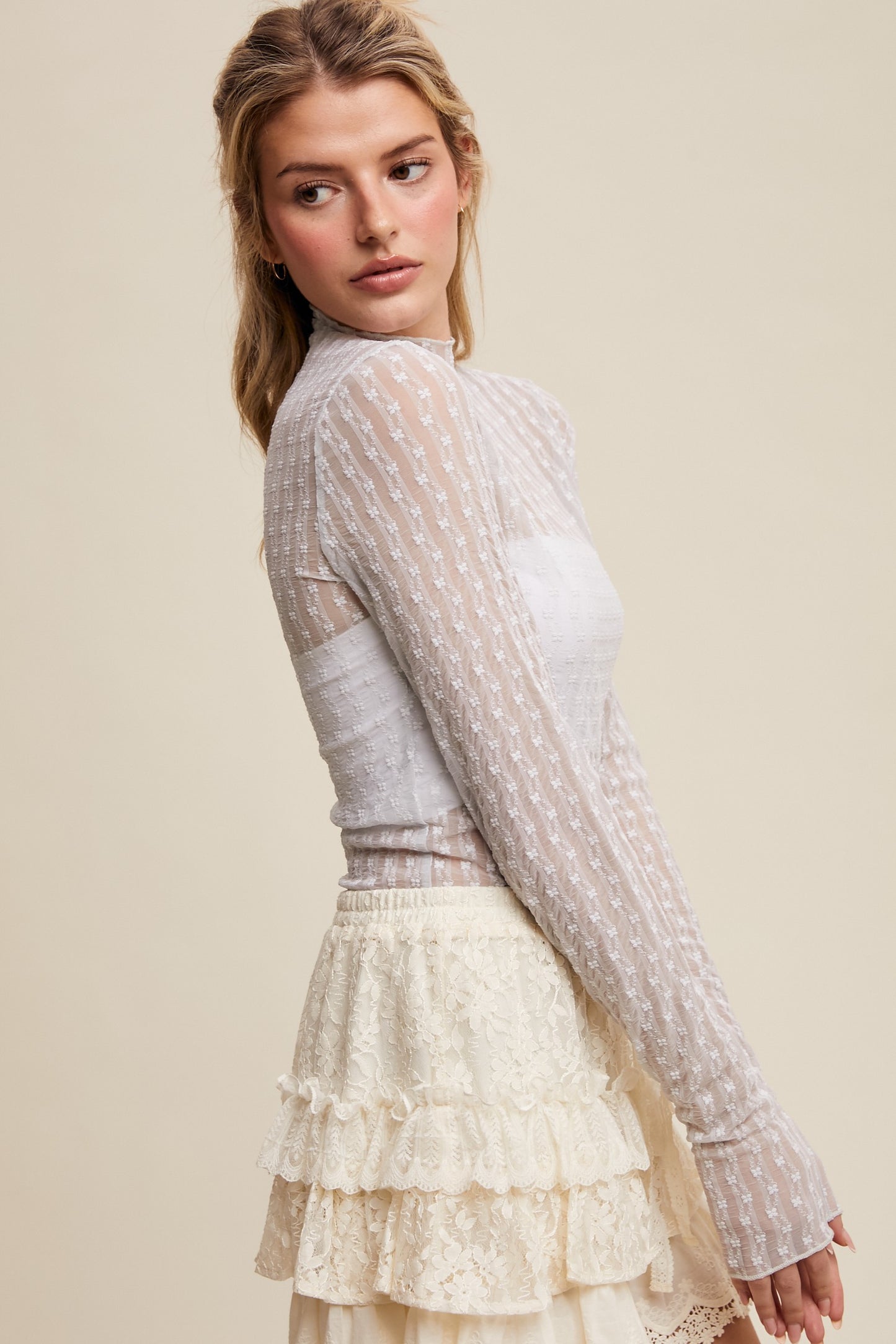 Sheer Textured Lace Long-sleeve Top