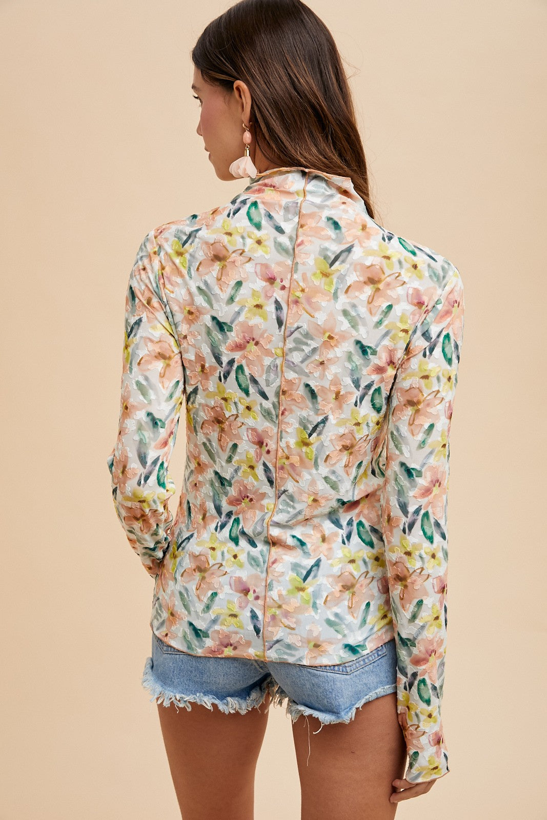 Textured Floral Print Mesh Mock Neck Top