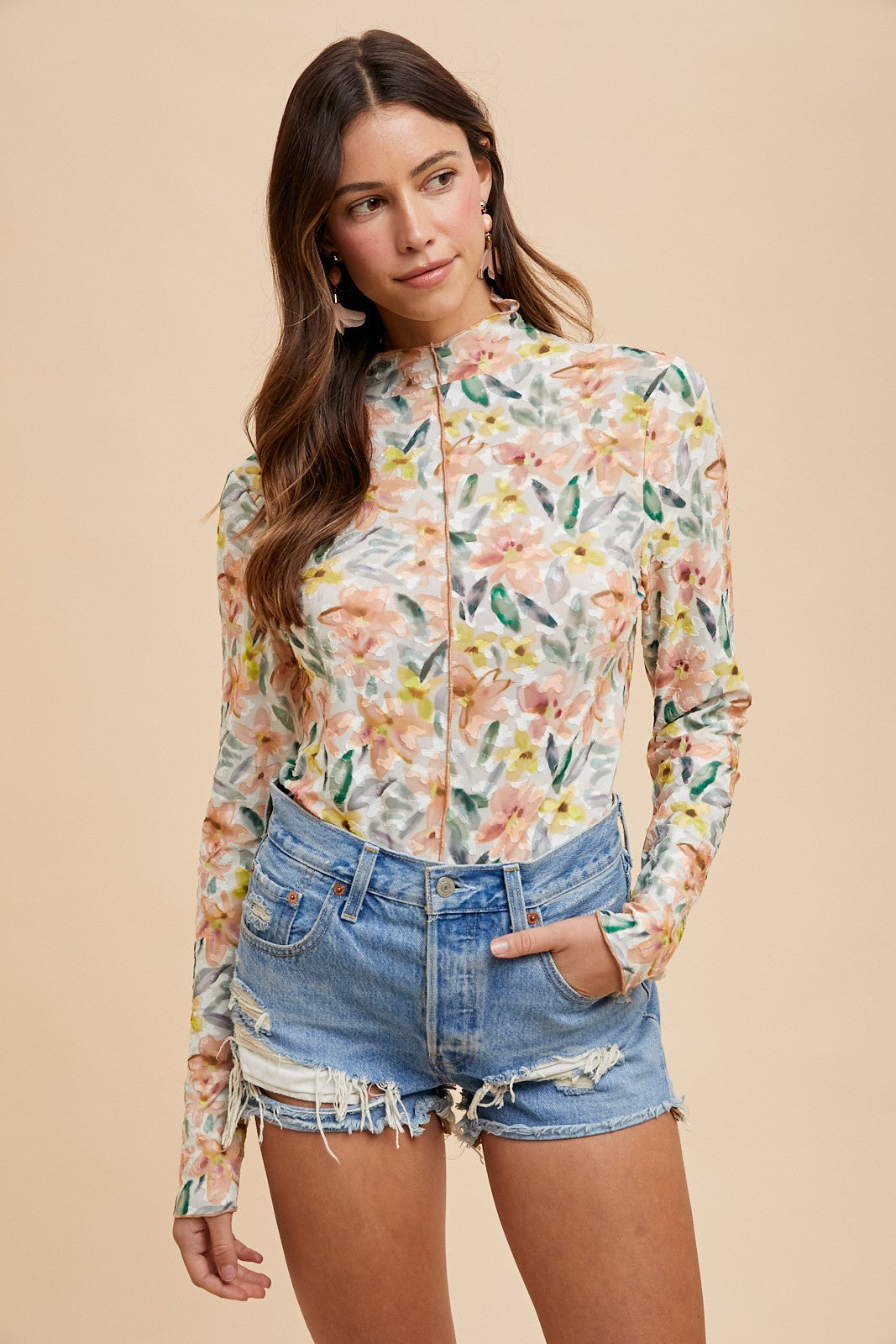 Textured Floral Print Mesh Mock Neck Top