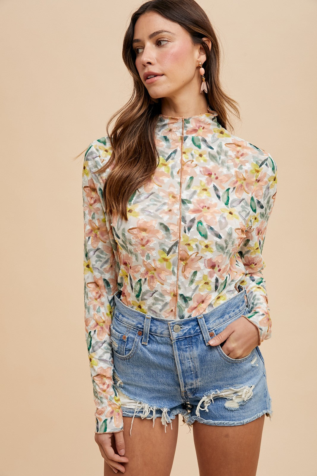 Textured Floral Print Mesh Mock Neck Top