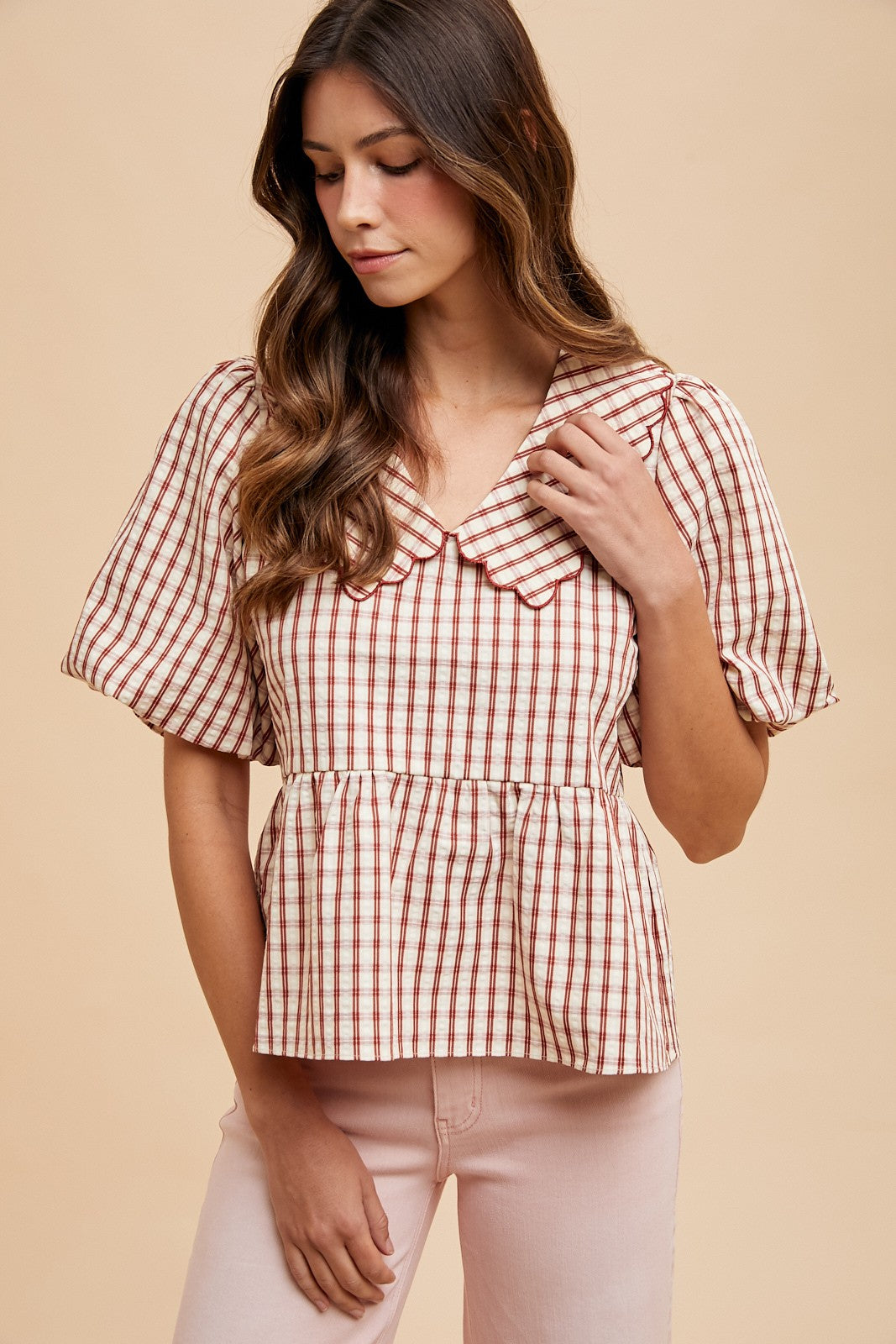 Plaid Puff Sleeve Peplum Blouse