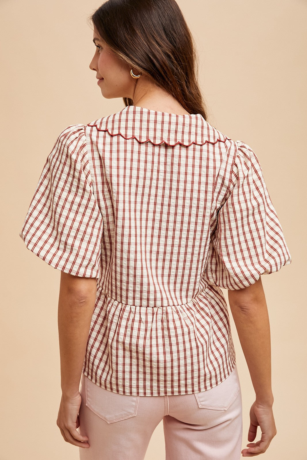Plaid Puff Sleeve Peplum Blouse