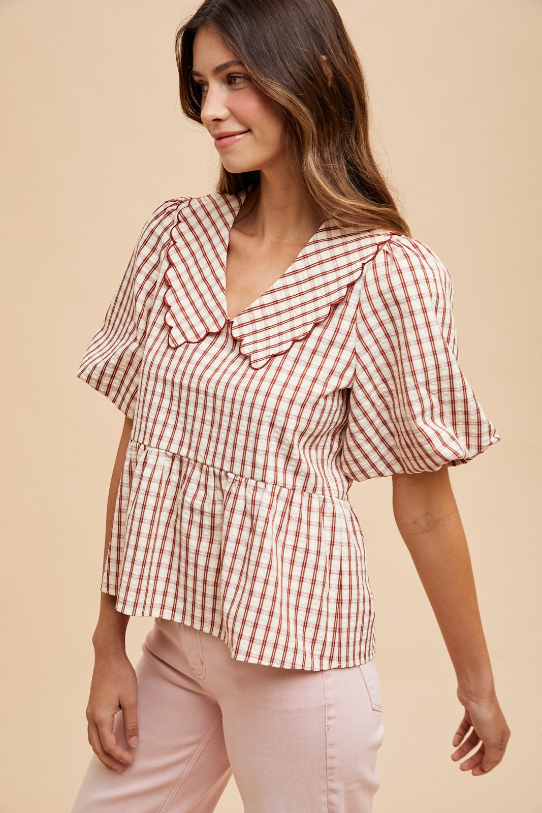 Plaid Puff Sleeve Peplum Blouse