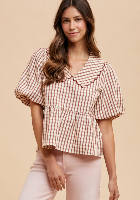 Plaid Puff Sleeve Peplum Blouse