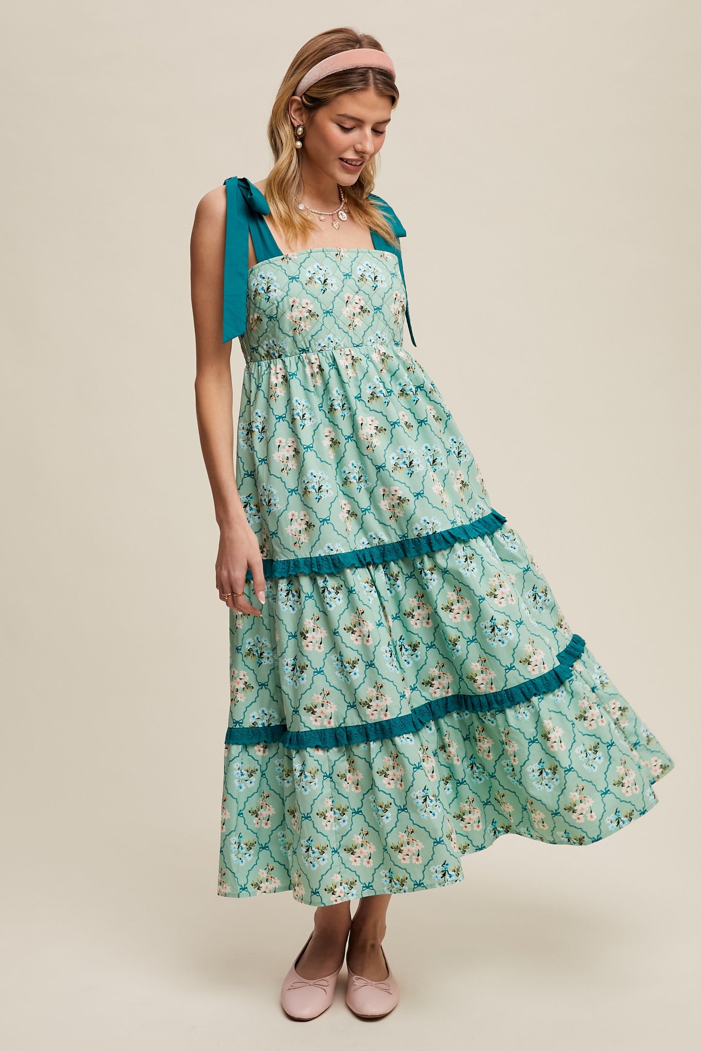 Tiered Floral Quilted Midi Dress