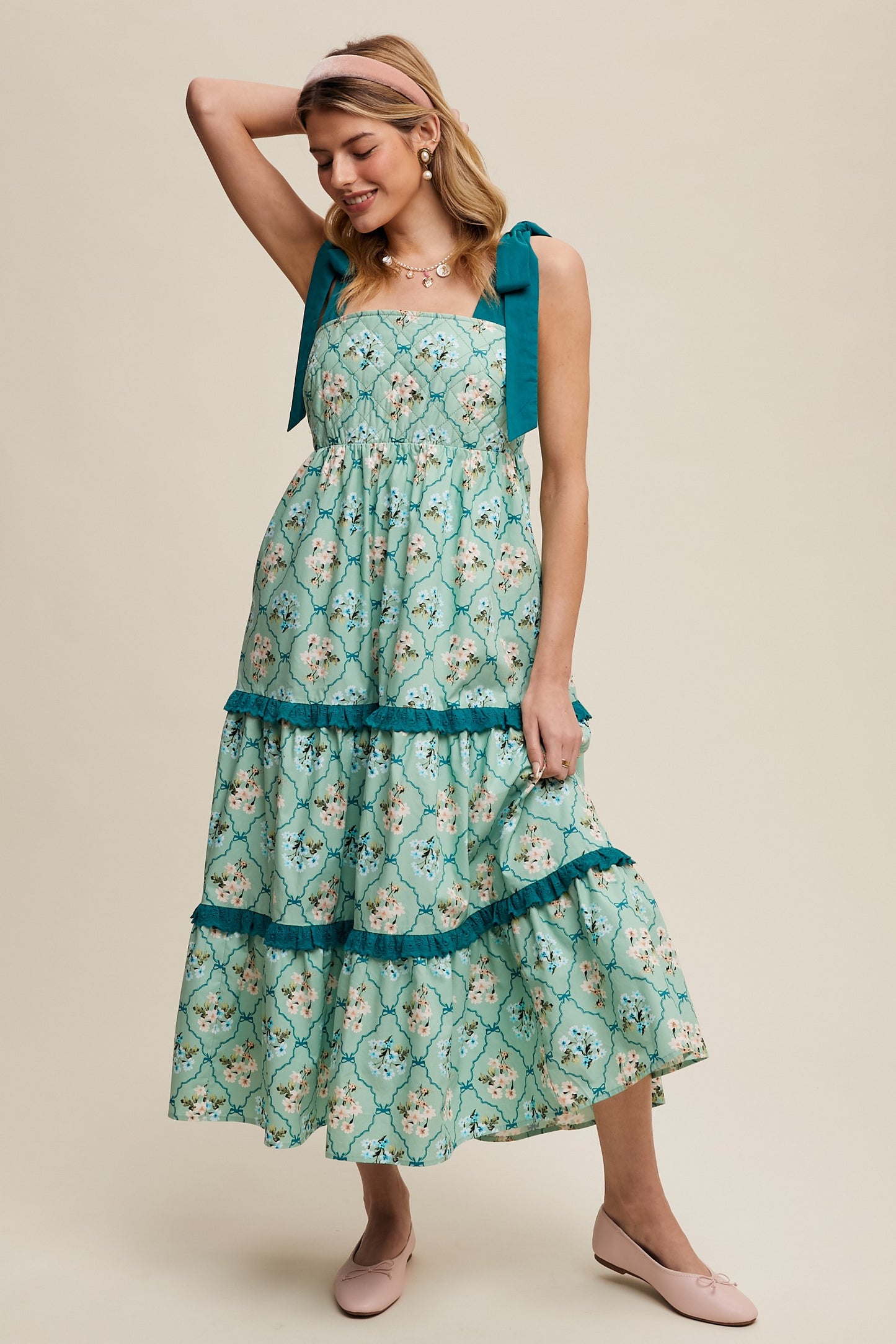 Tiered Floral Quilted Midi Dress