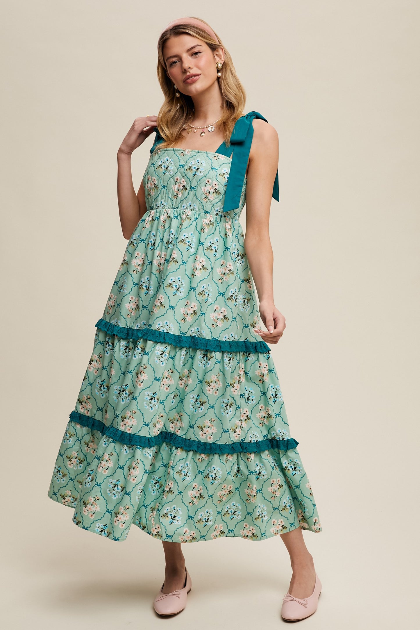 Tiered Floral Quilted Midi Dress