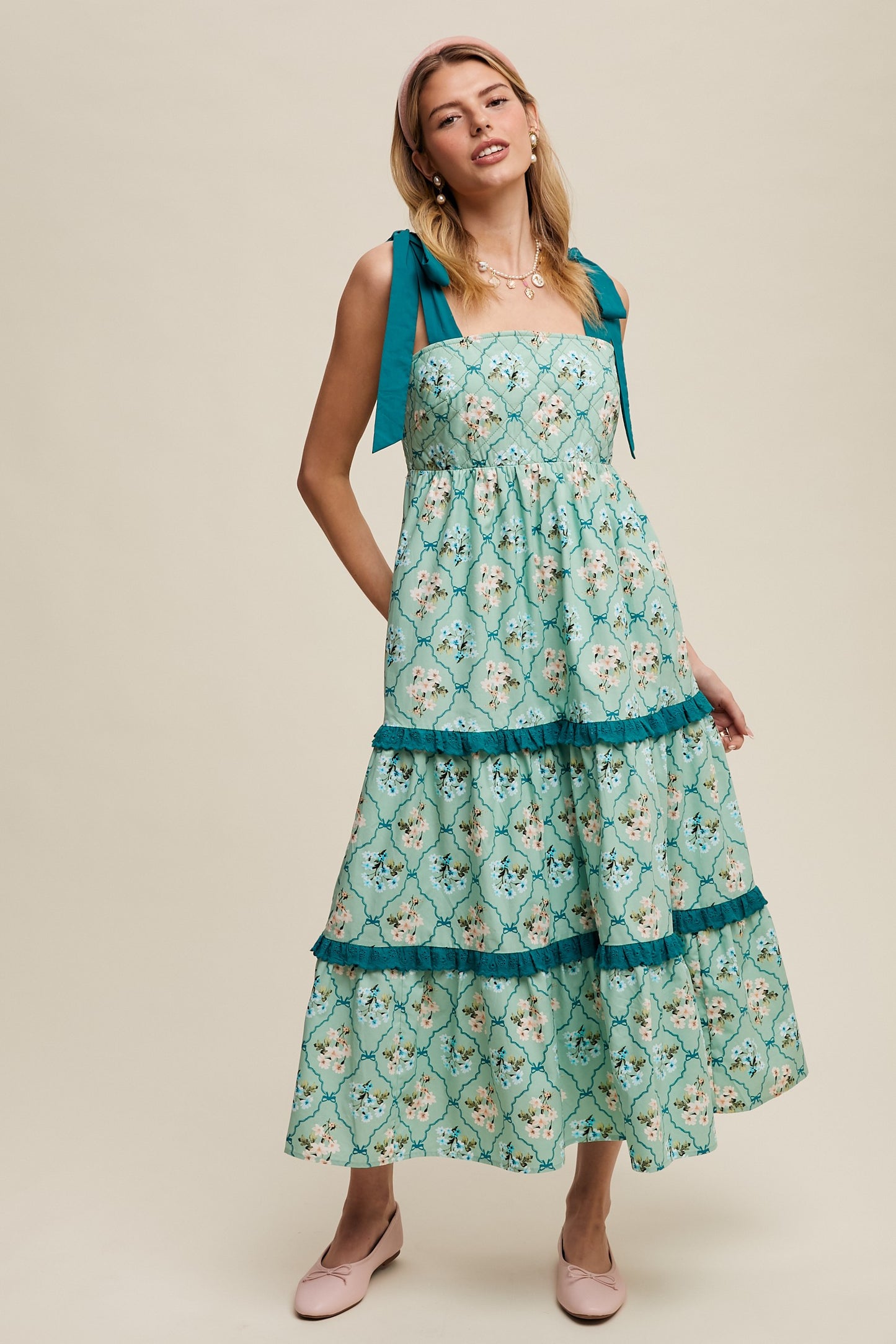 Tiered Floral Quilted Midi Dress