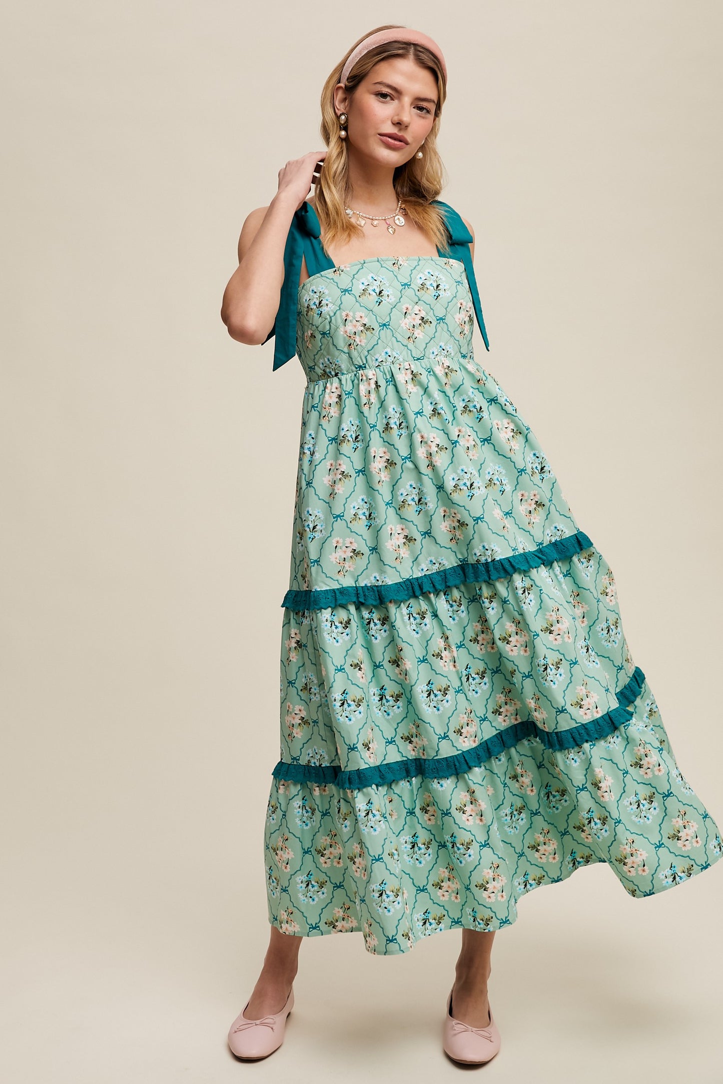 Tiered Floral Quilted Midi Dress