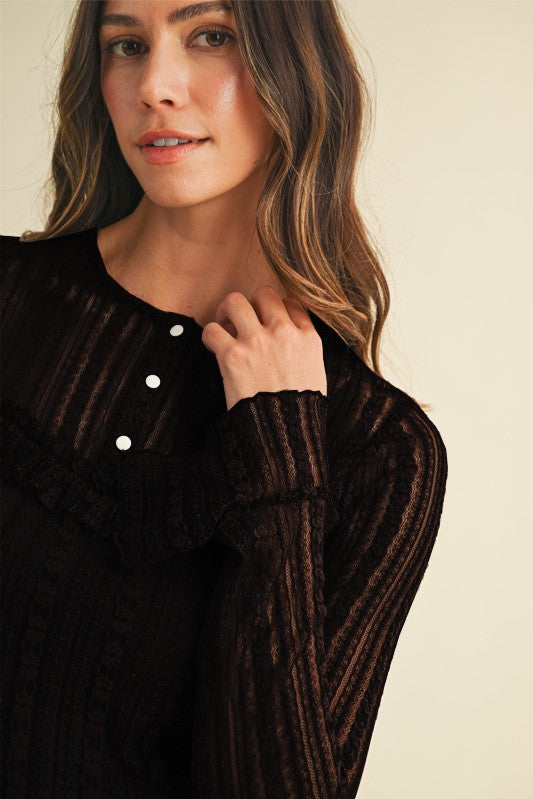 Stretch Lace Ruffle Detail Henley Neck Top