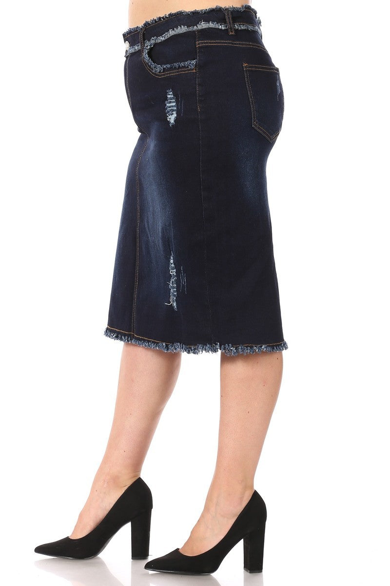 PLUS SIZE/ FRAYED WAIT & HEM> DISTRESS ON FRONT