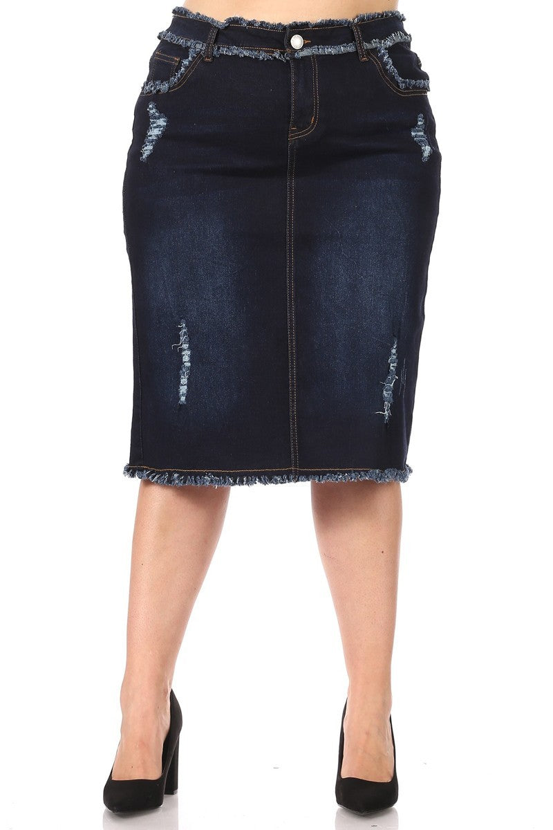 PLUS SIZE/ FRAYED WAIT & HEM> DISTRESS ON FRONT