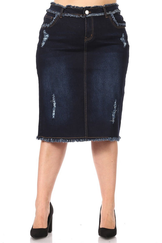 PLUS SIZE/ FRAYED WAIT & HEM> DISTRESS ON FRONT