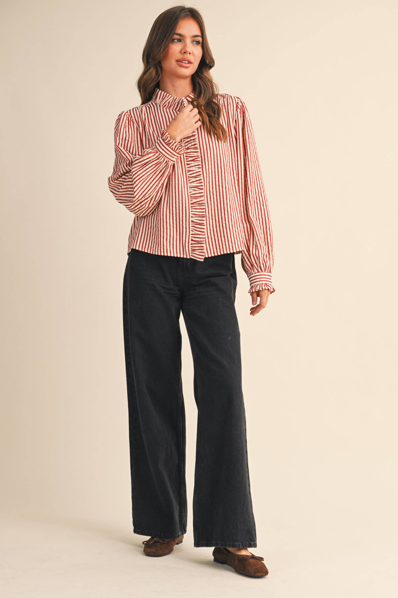 STRIPED RUFFLED BUTTON DOWN LONG SLEEVE TOP MTP4319