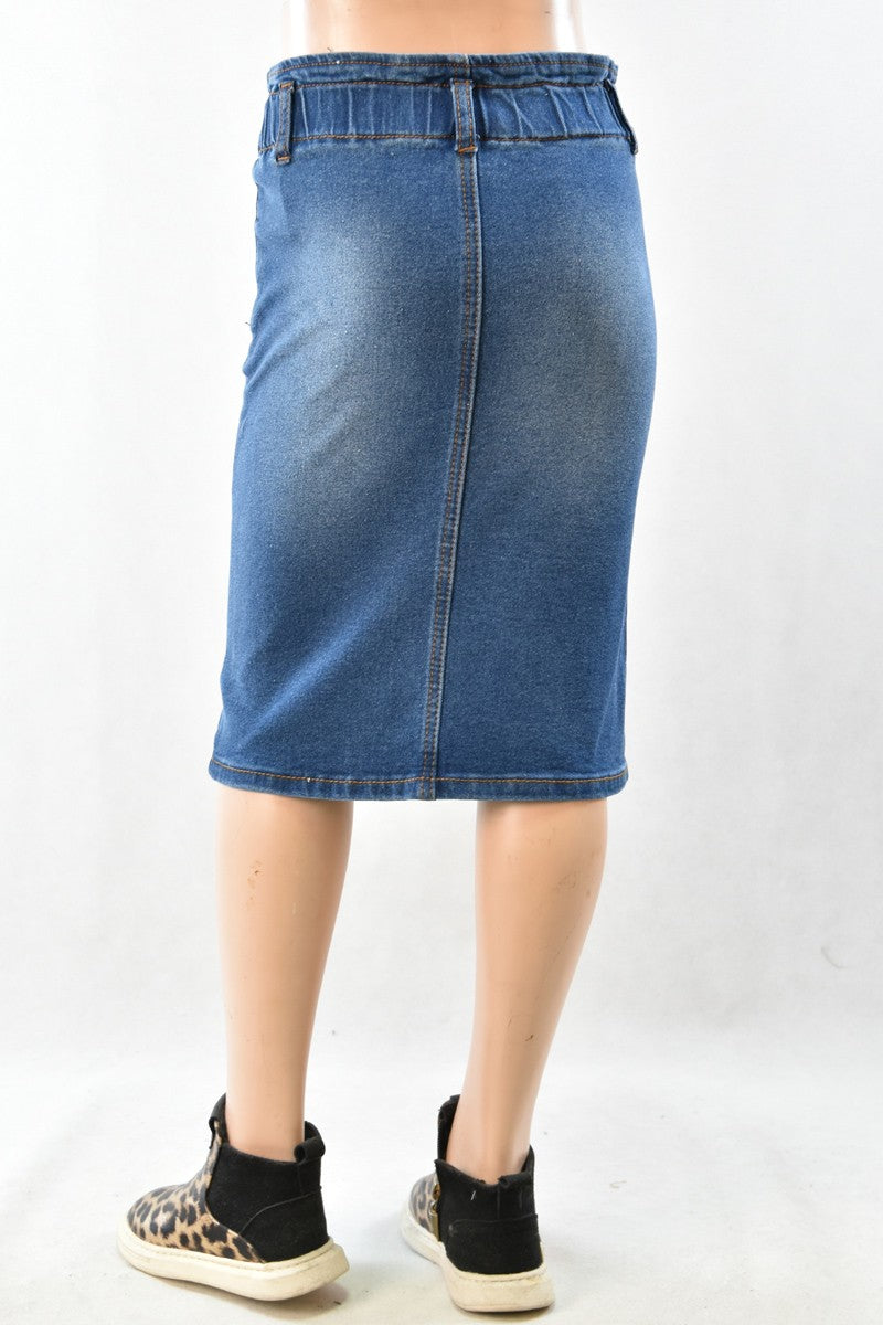 DENIM SKIRT: KIDS> MIDI> ELASTIC WAIST W/ BUTTONS