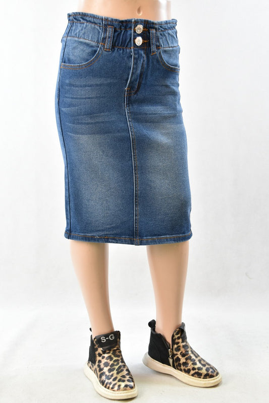 DENIM SKIRT: KIDS> MIDI> ELASTIC WAIST W/ BUTTONS