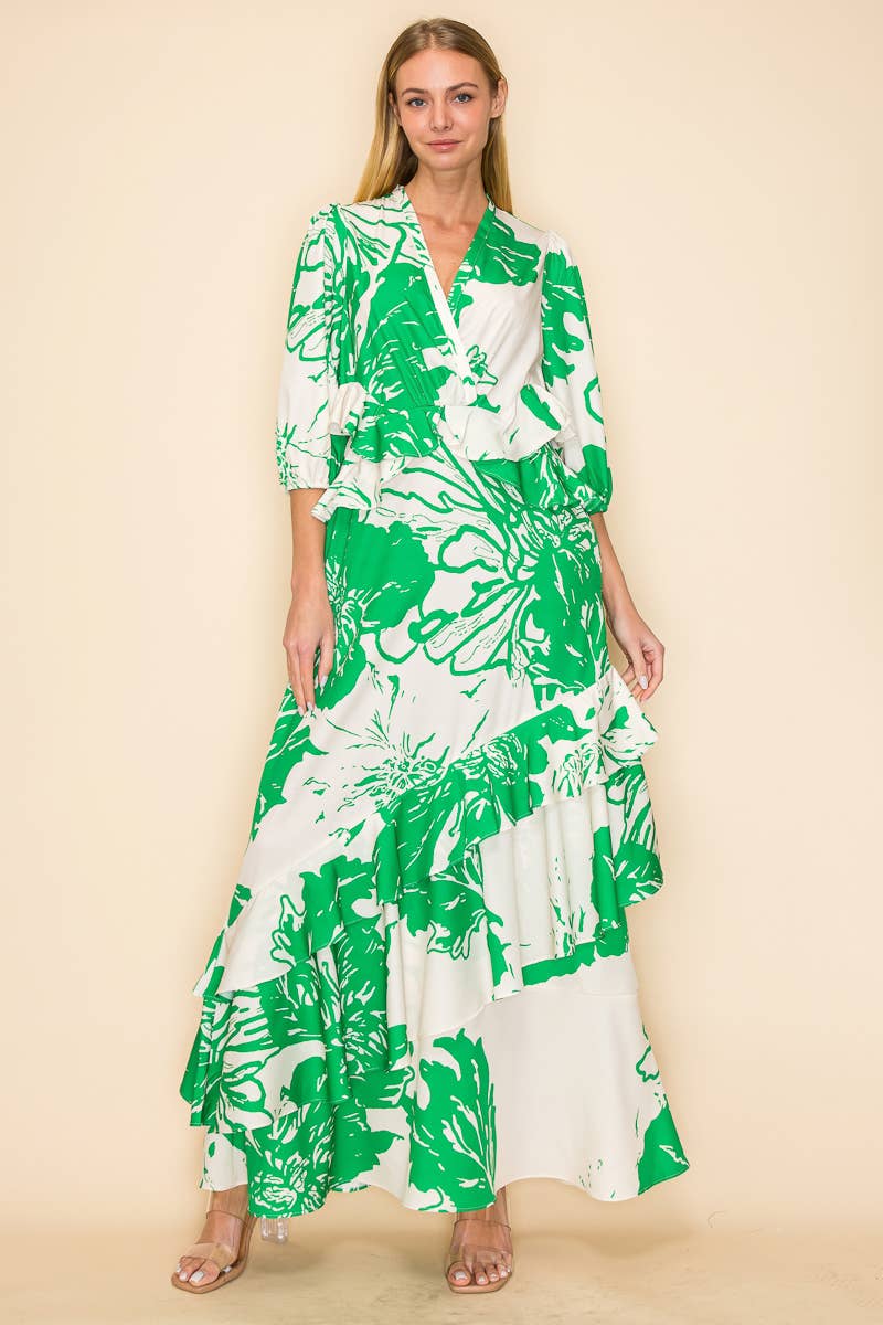 V NECK DRESS WITH RUFFLES AND POCKETS