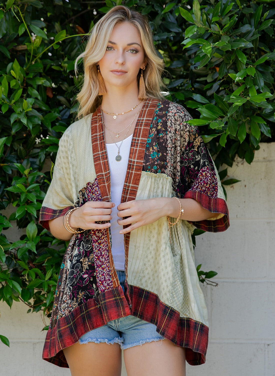 Patch Kimono Shrug With Draped Asymmetric Hem