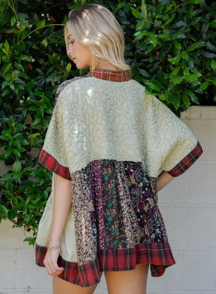 Patch Kimono Shrug With Draped Asymmetric Hem