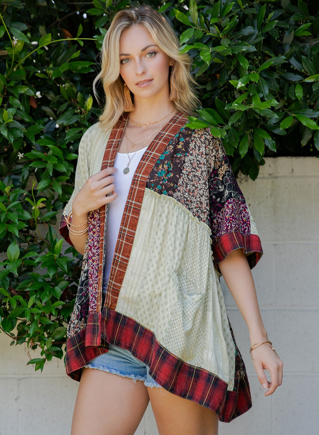Patch Kimono Shrug With Draped Asymmetric Hem