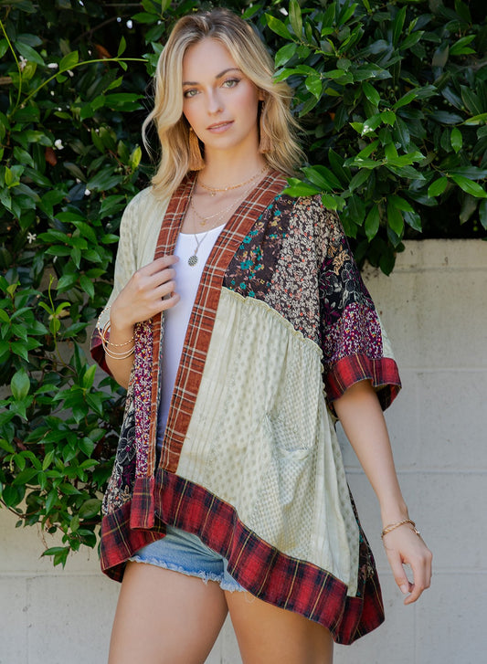Patch Kimono Shrug With Draped Asymmetric Hem