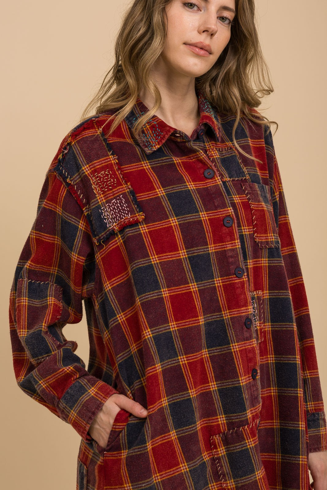 Fireside Charm Plaid Button-Up Shirt