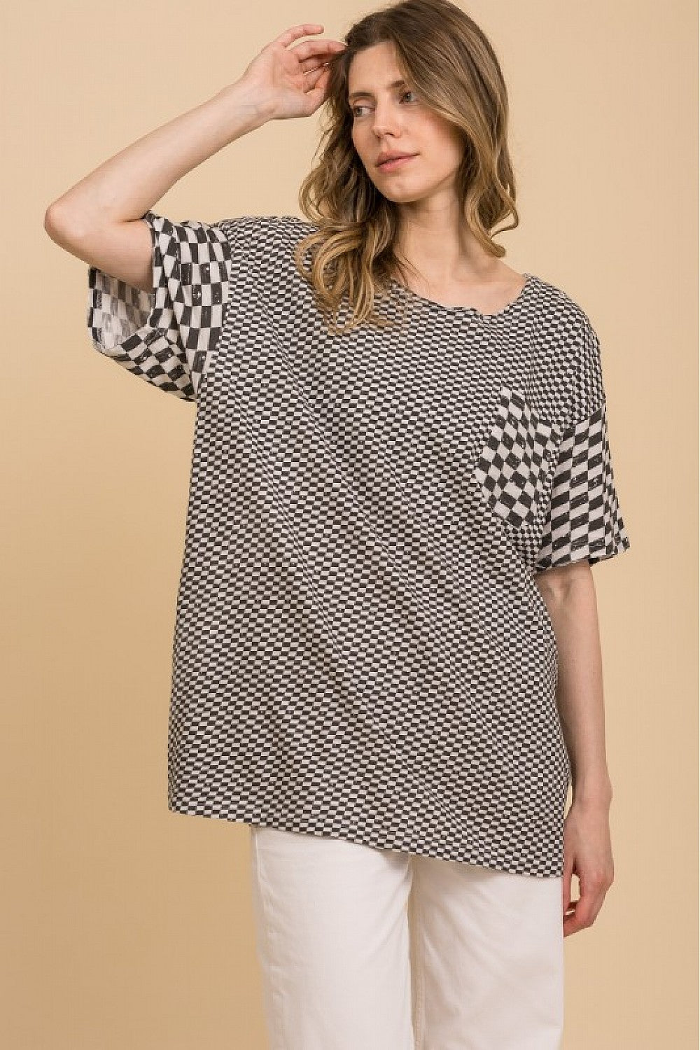 CHECKERBOARD PRINT MIX SHORT SLEEVE TEE SHIRT> WITH PEACE SIGN ON BACK