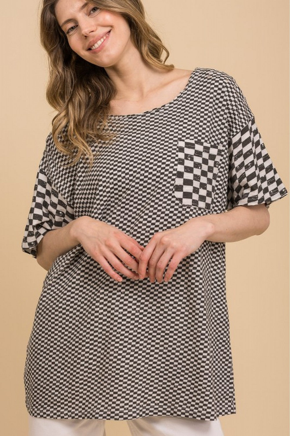 CHECKERBOARD PRINT MIX SHORT SLEEVE TEE SHIRT> WITH PEACE SIGN ON BACK