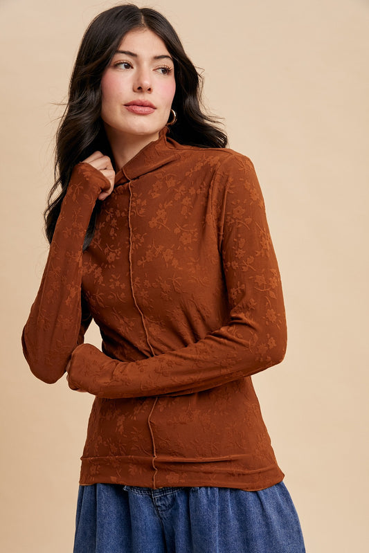 Floral Textured Knit Mock Neck Top