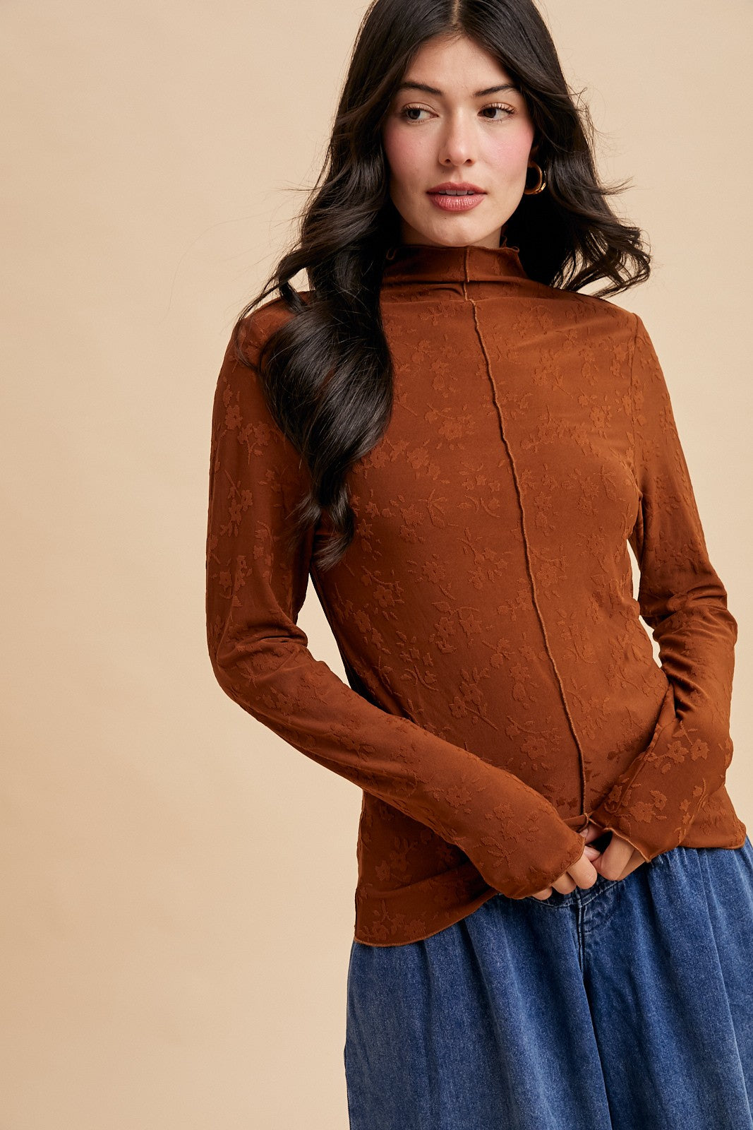Floral Textured Knit Mock Neck Top