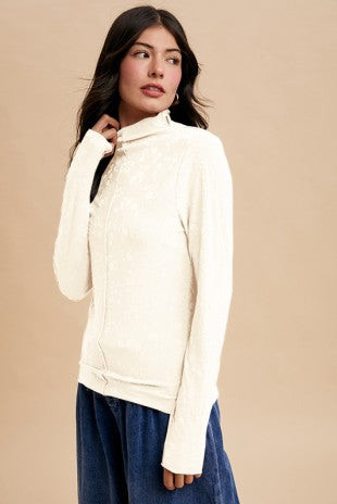 Floral Textured Knit Mock Neck Top
