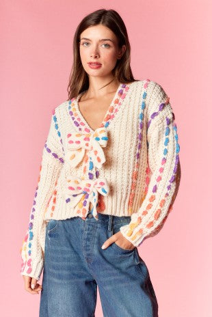 Pom-Pom Knit Cardigan with Rainbow Bow Accents