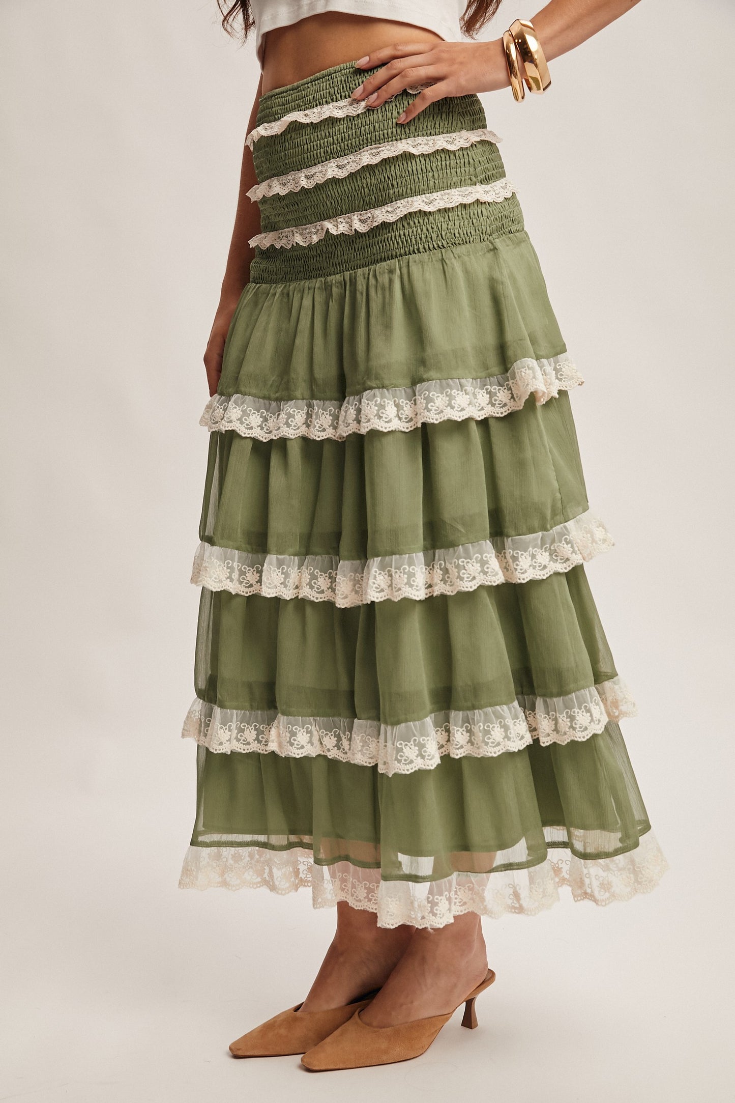 Smocked Lace Trim Two-way Midi Dress Skirt