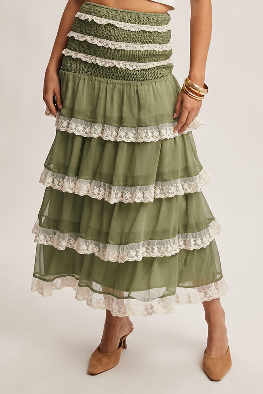 Smocked Lace Trim Two-way Midi Dress Skirt