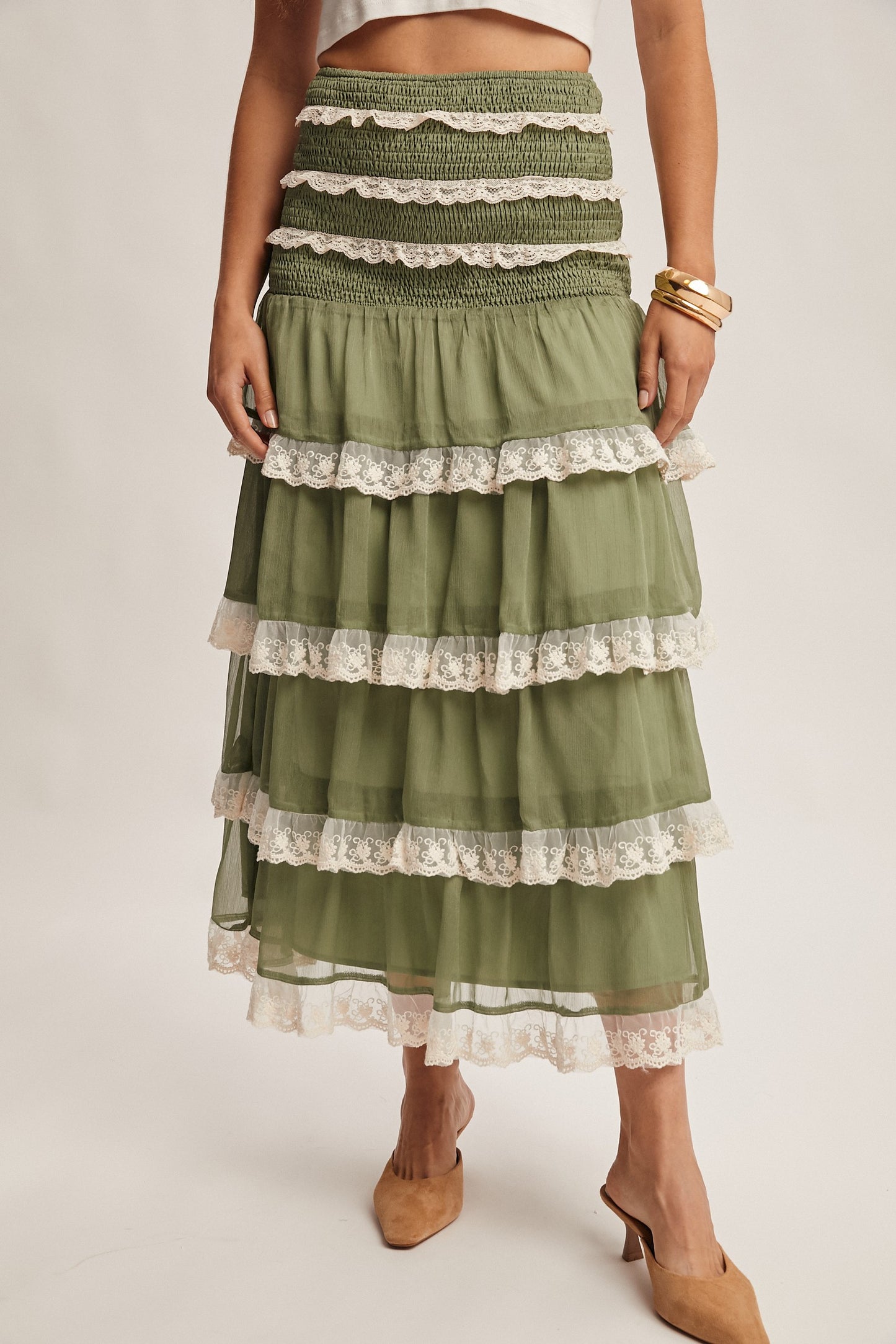 Smocked Lace Trim Two-way Midi Dress Skirt