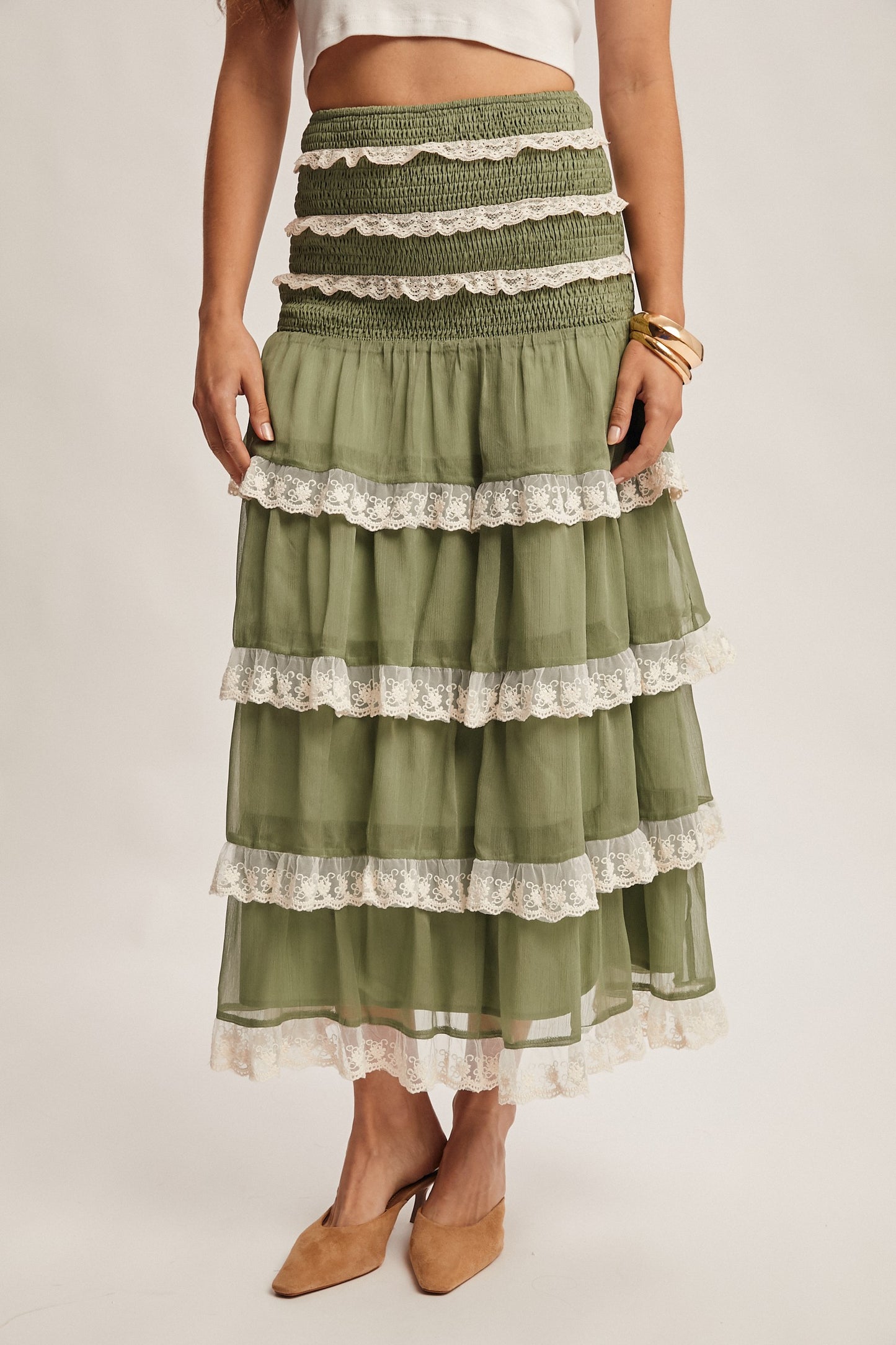 Smocked Lace Trim Two-way Midi Dress Skirt