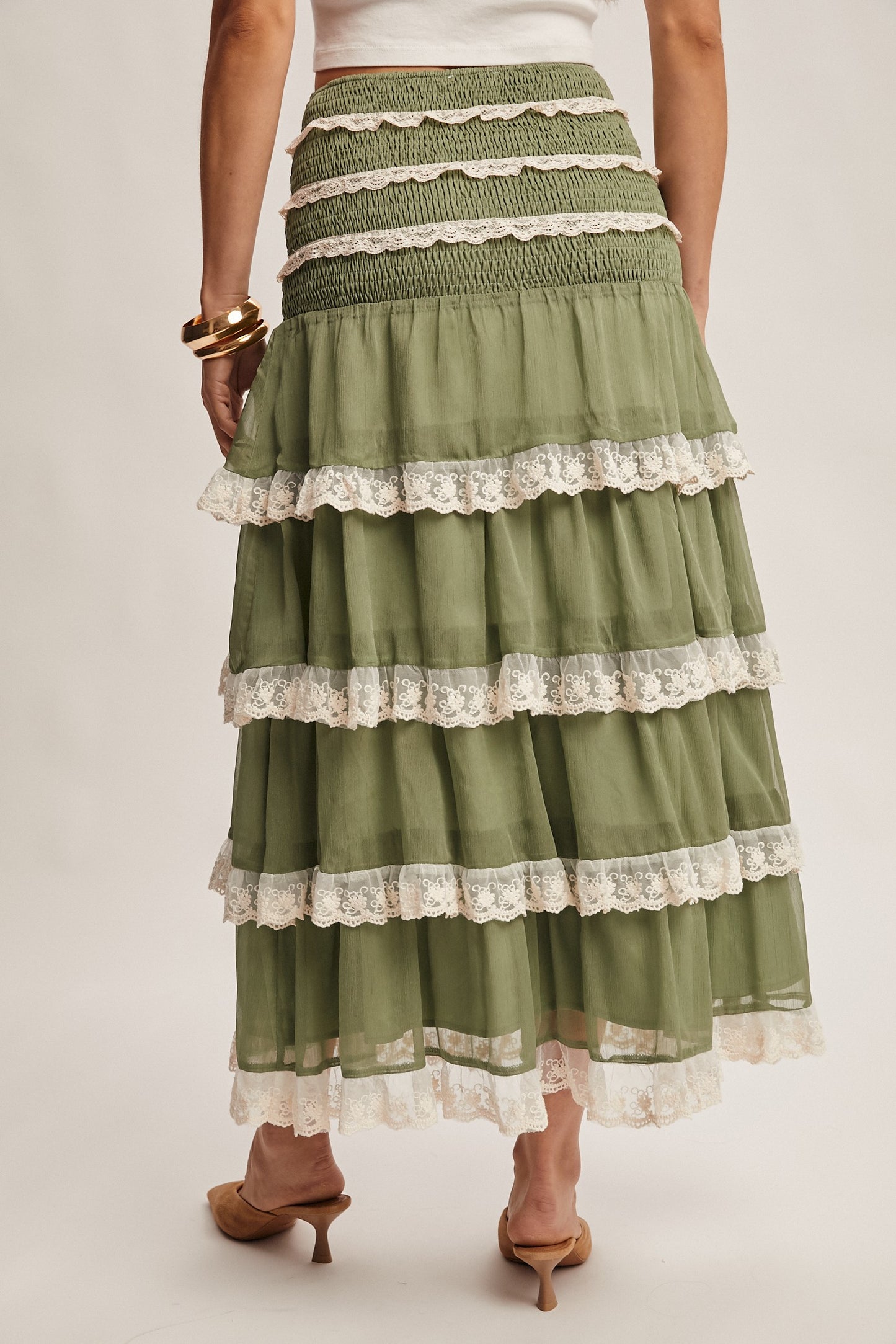 Smocked Lace Trim Two-way Midi Dress Skirt