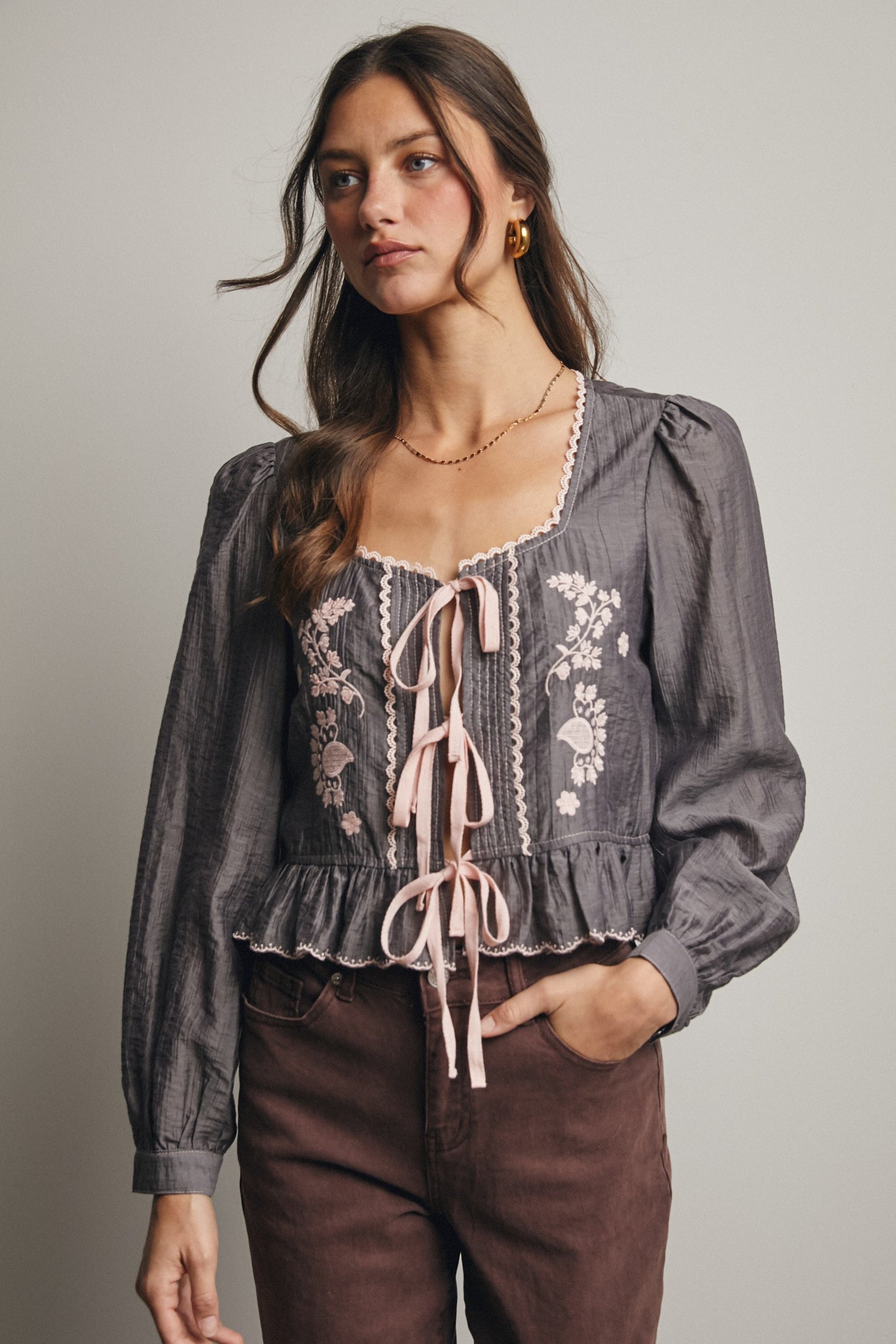 Embroidered Tie-front Peplum Blouse