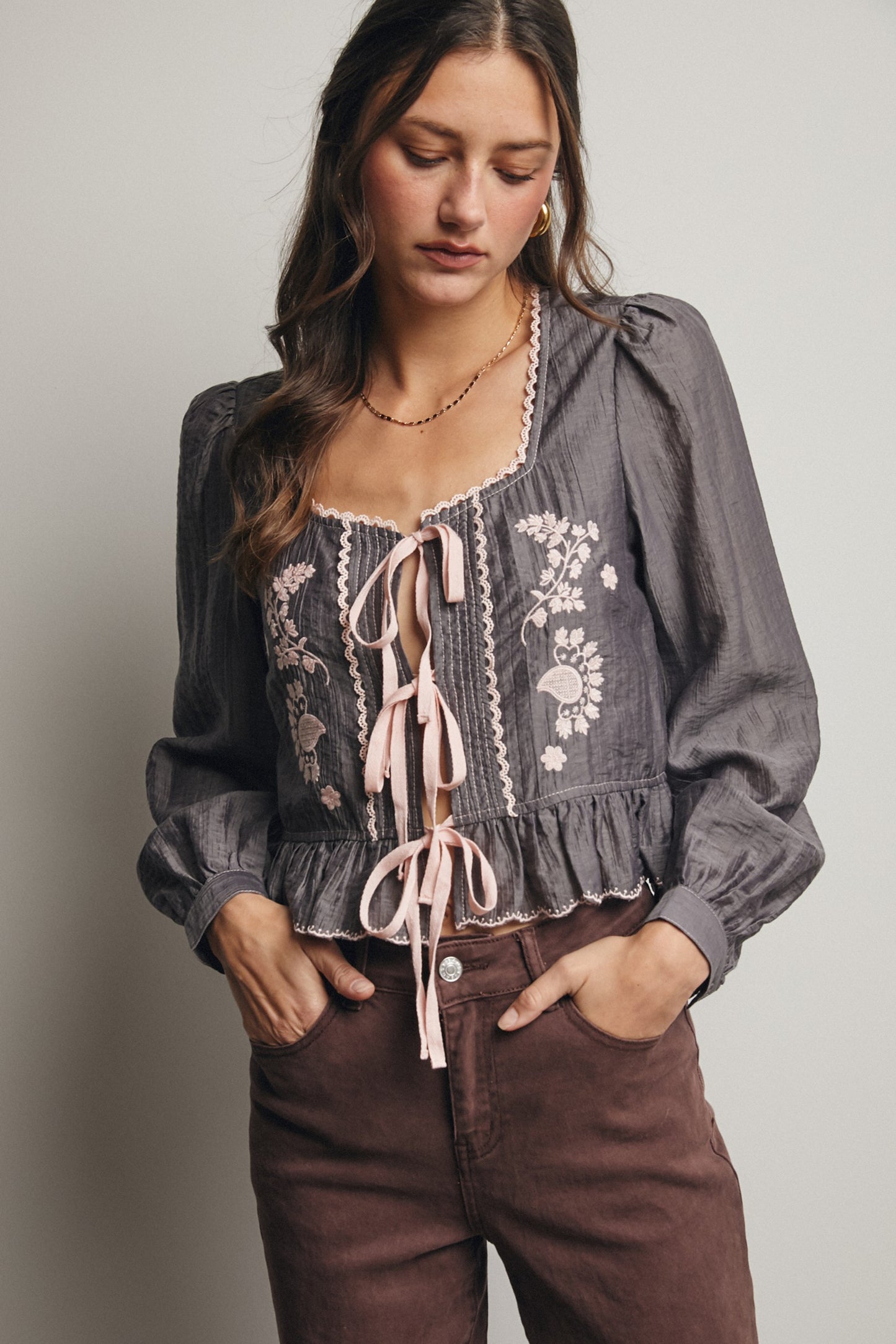 Embroidered Tie-front Peplum Blouse