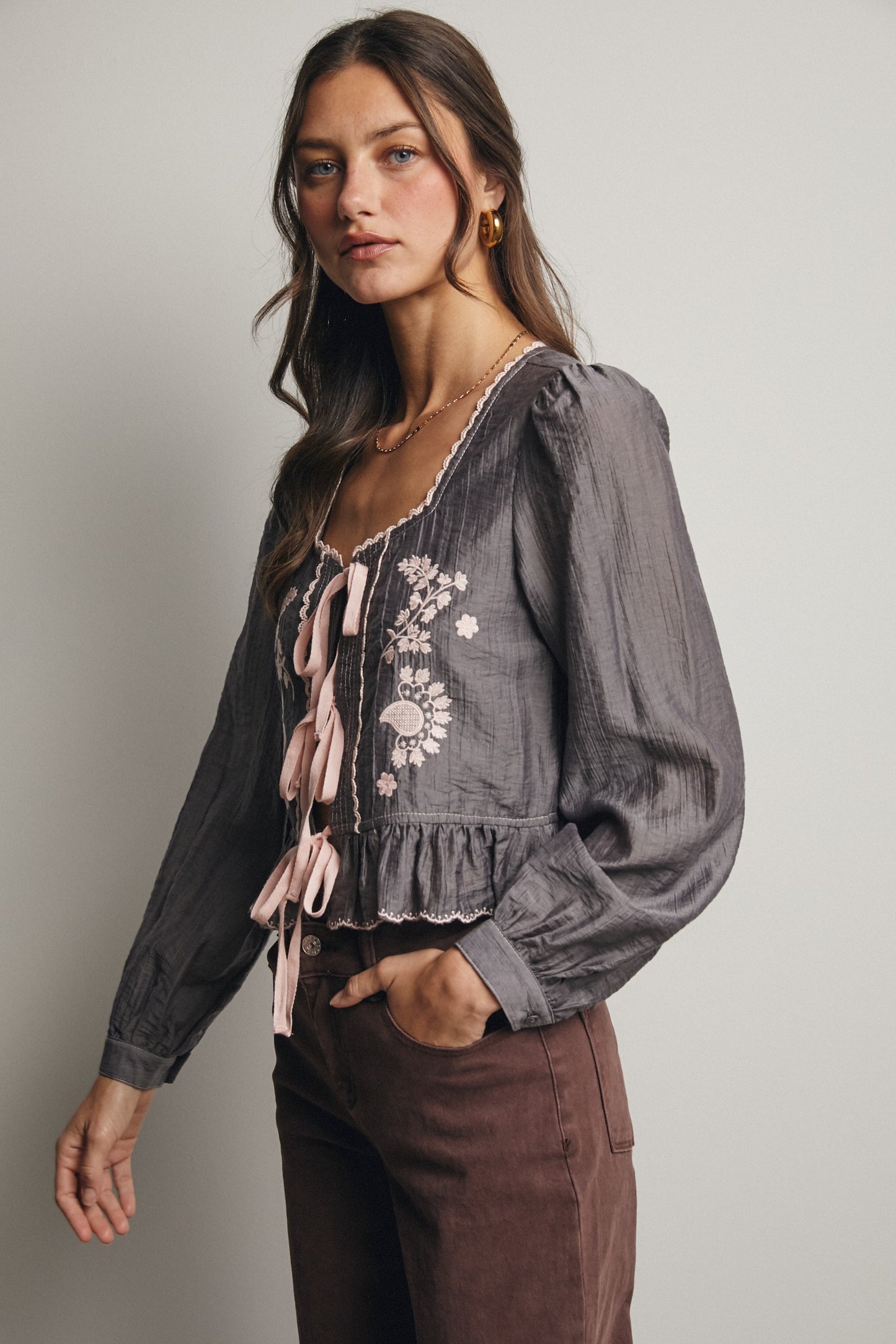 Embroidered Tie-front Peplum Blouse