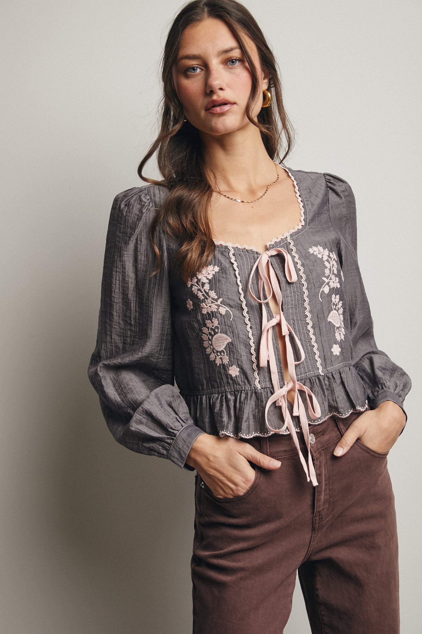 Embroidered Tie-front Peplum Blouse