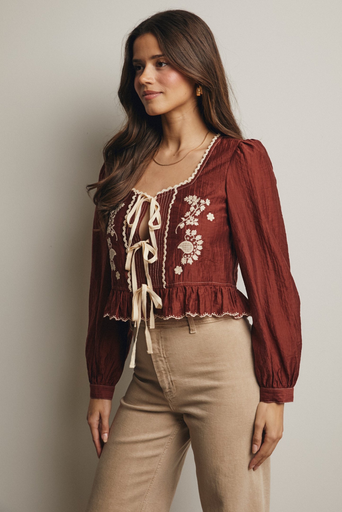 Embroidered Tie-front Peplum Blouse