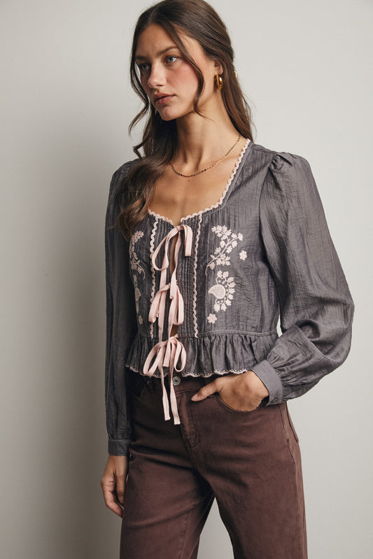 Embroidered Tie-front Peplum Blouse