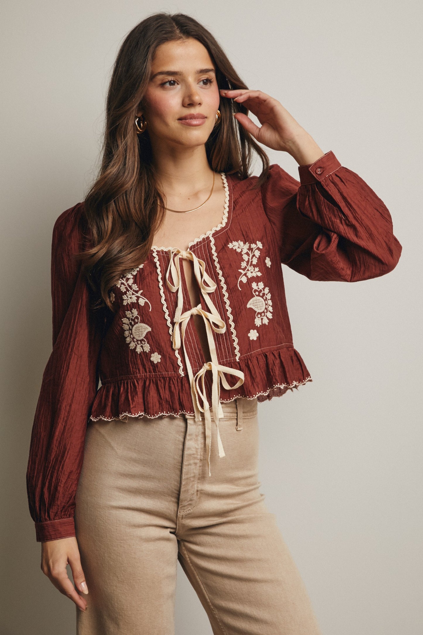 Embroidered Tie-front Peplum Blouse