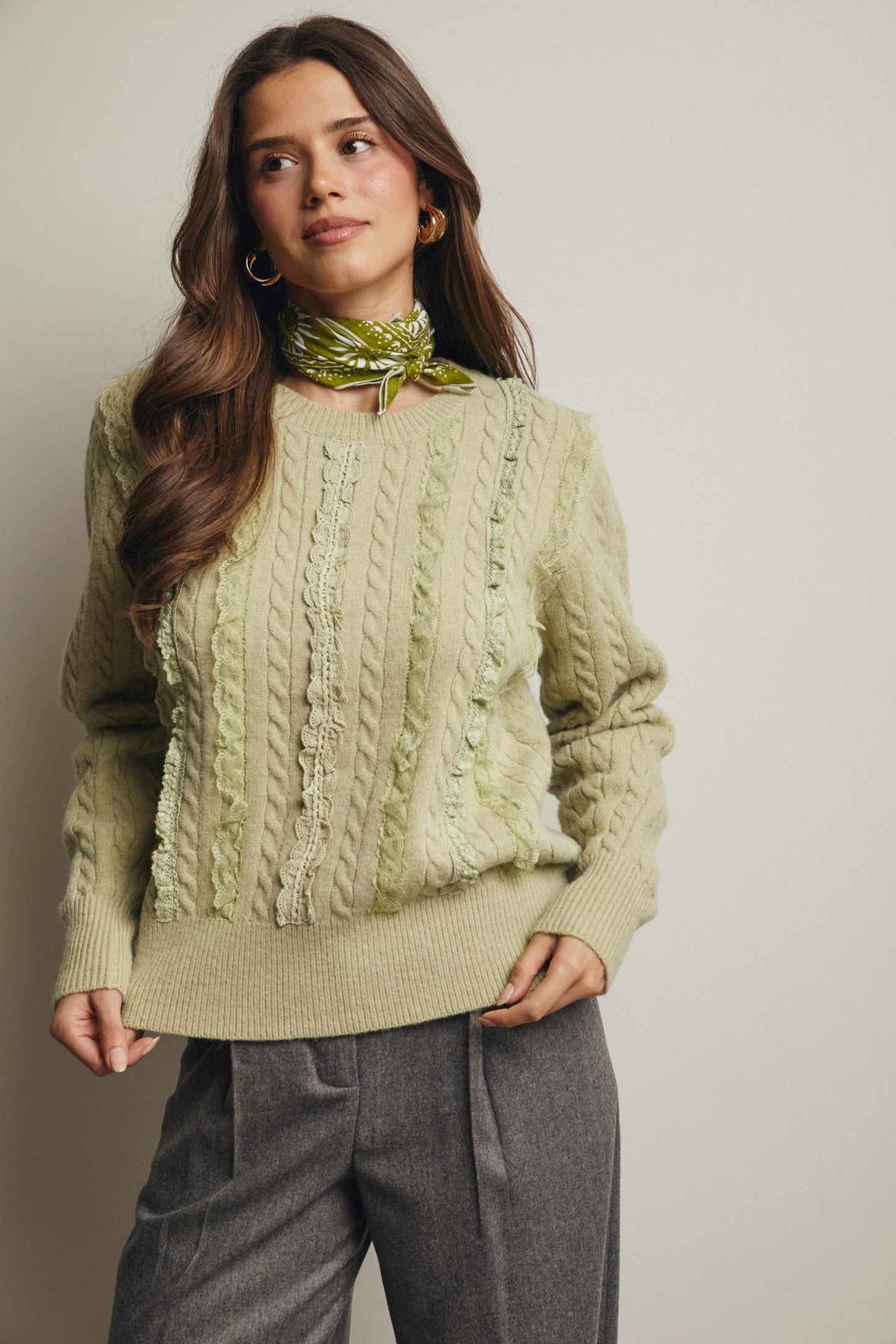 Lace Trim Cable Knit Pullover