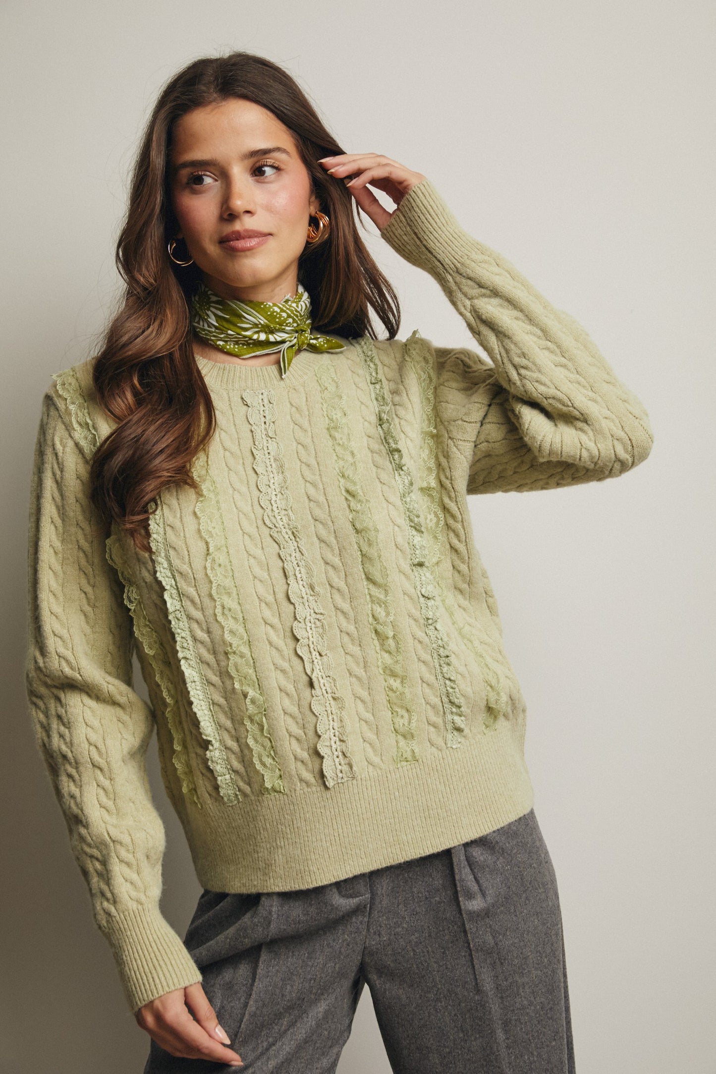 Lace Trim Cable Knit Pullover
