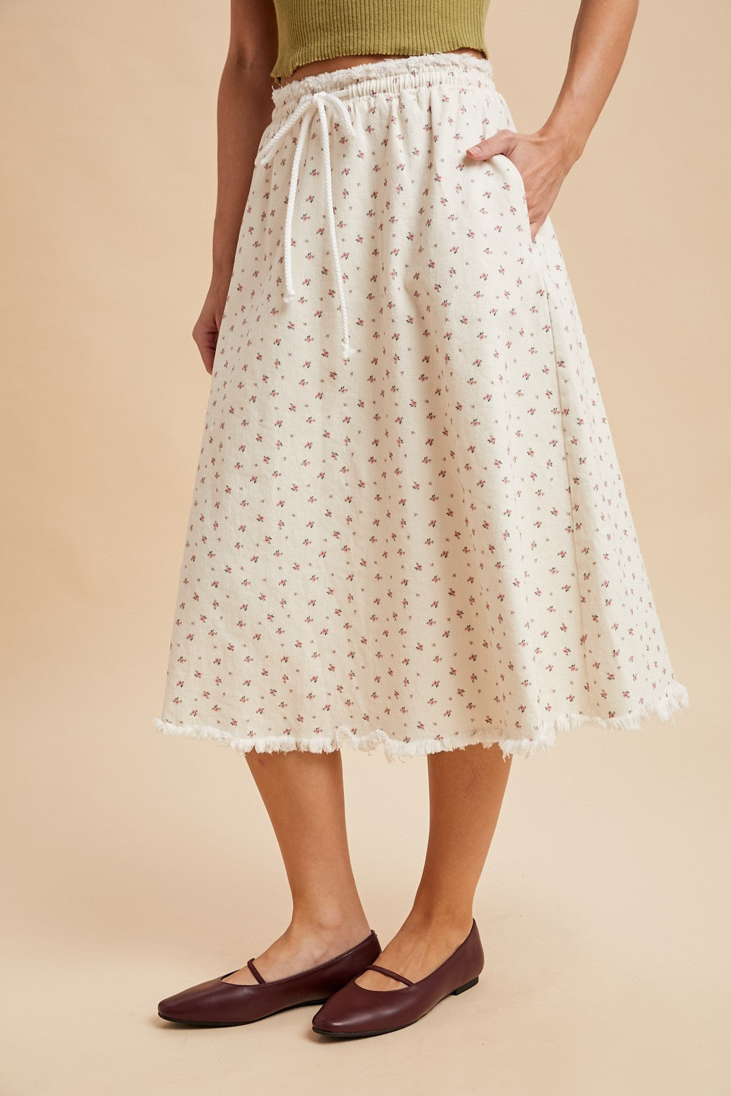 Stretch Ditsy Floral Twill Cotton Midi Flare Skirt