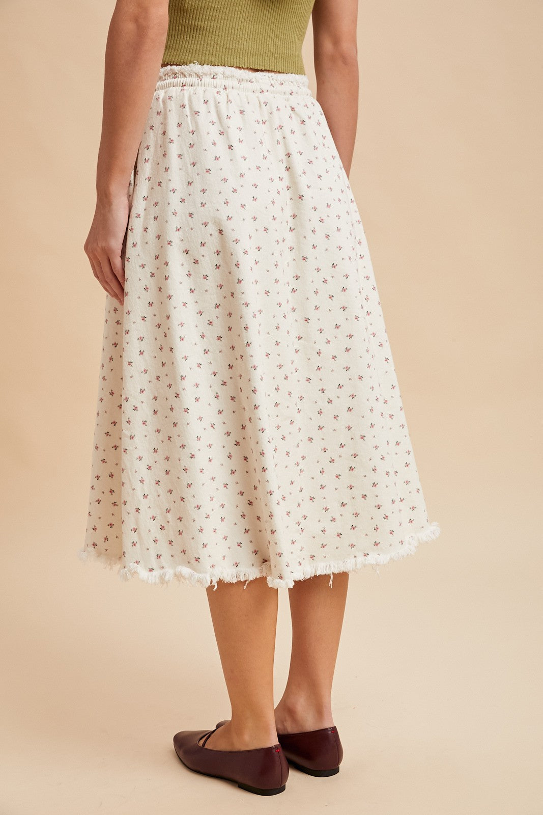 Stretch Ditsy Floral Twill Cotton Midi Flare Skirt
