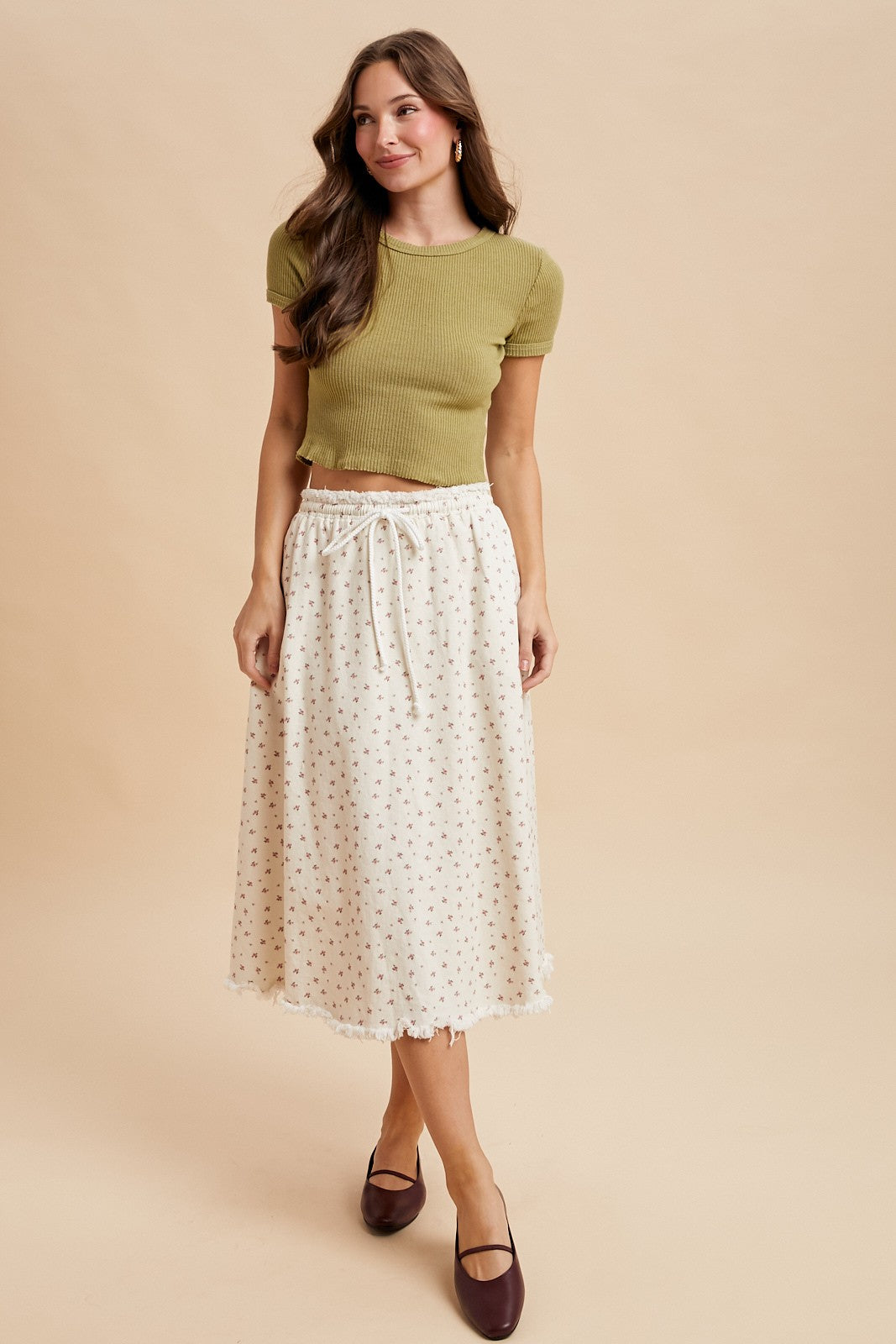 Stretch Ditsy Floral Twill Cotton Midi Flare Skirt
